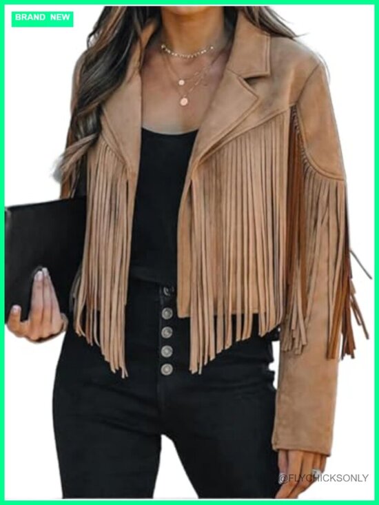Jackets & Blazers - Faux Suede Leather Cropped Fringe Jacket Western Motorcycle Coat